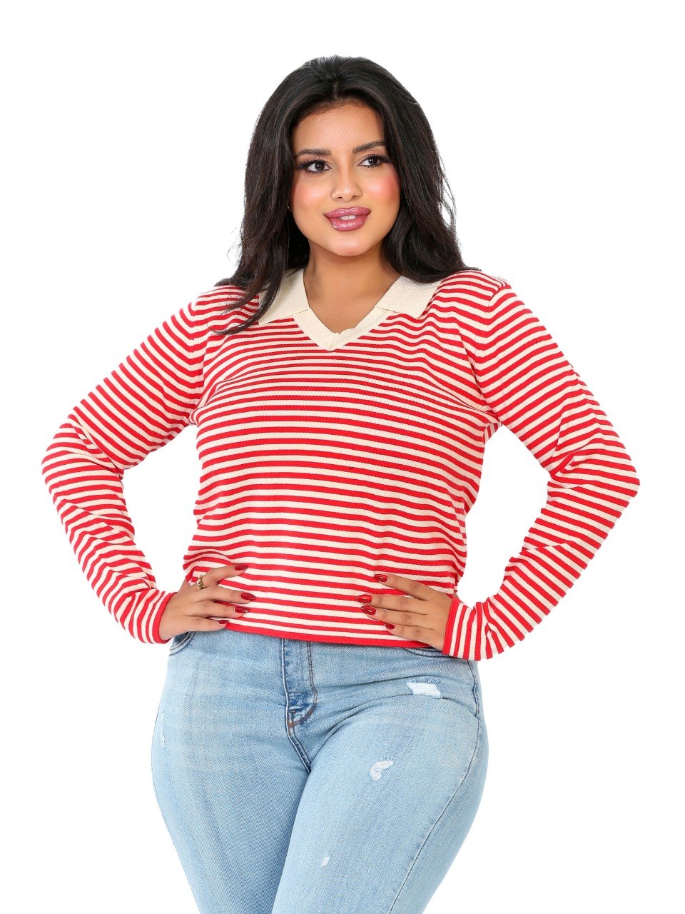 Fine Stripe Contrast Collar Blouse - Red