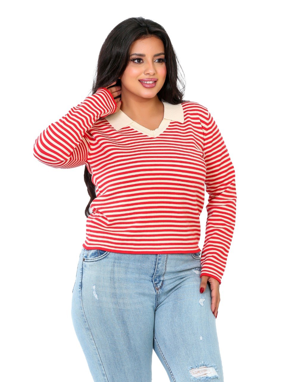 Fine Stripe Contrast Collar Blouse - Red