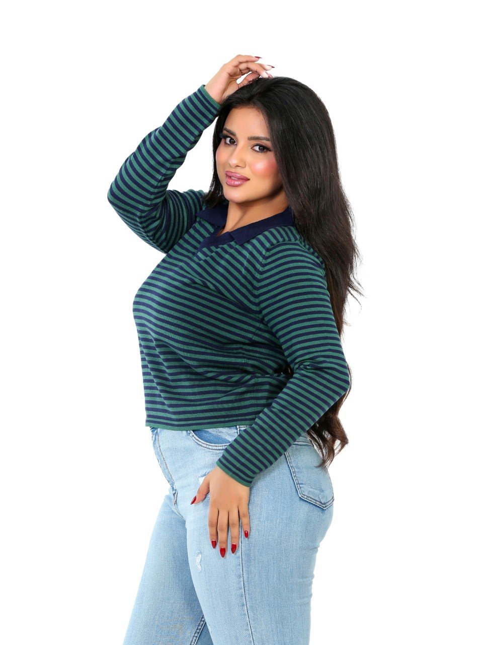 Fine Stripe Contrast Collar Blouse - Dark Green