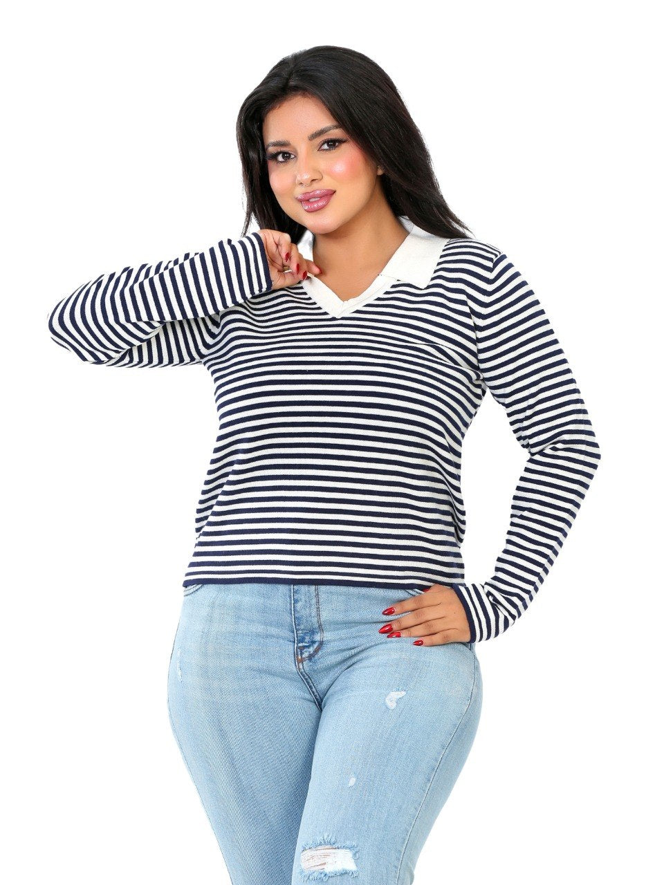 Fine Stripe Contrast Collar Blouse - Navy