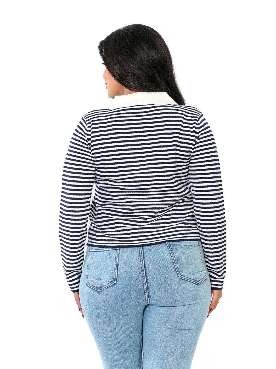 Fine Stripe Contrast Collar Blouse - Navy
