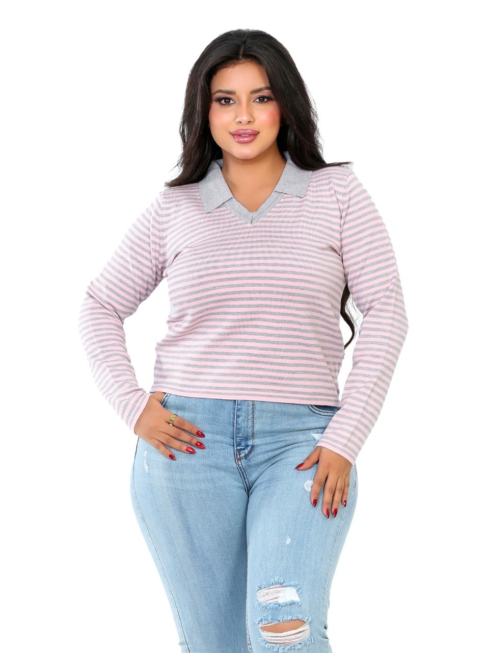 Fine Stripe Contrast Collar Blouse - Pink