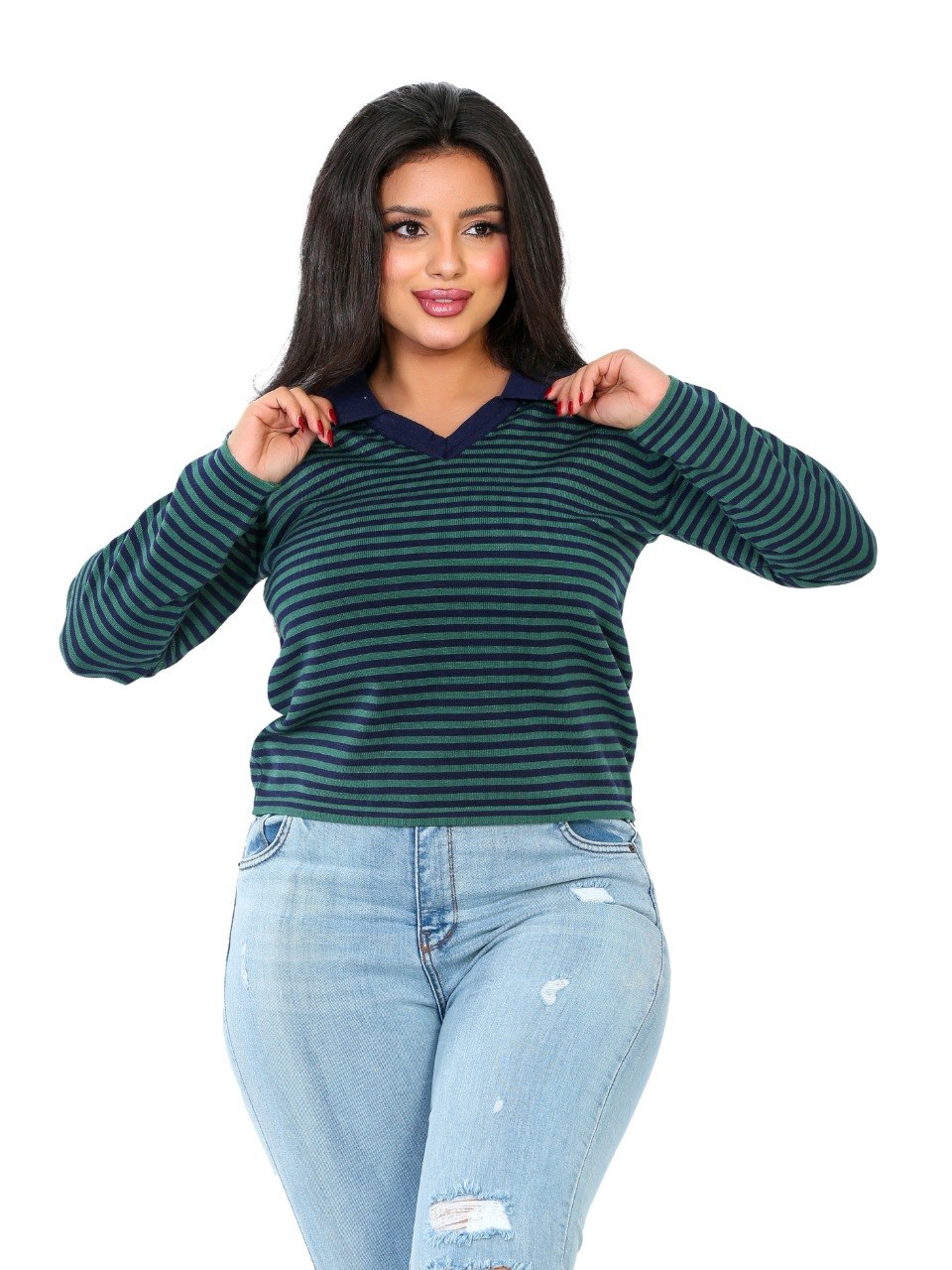 Fine Stripe Contrast Collar Blouse - Dark Green
