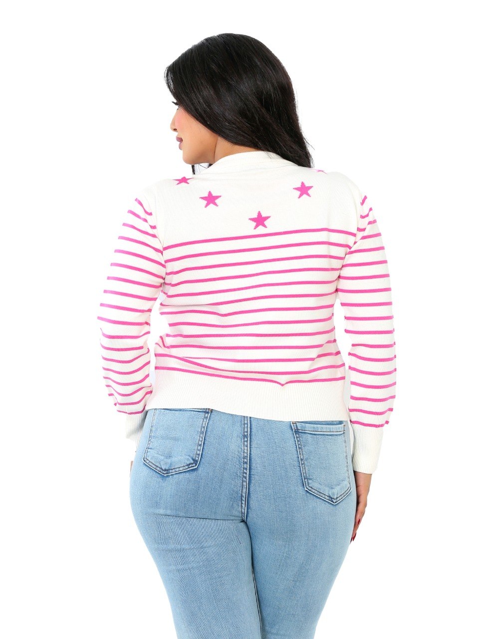 Star Detail Stripe Knit Blouse - Pink