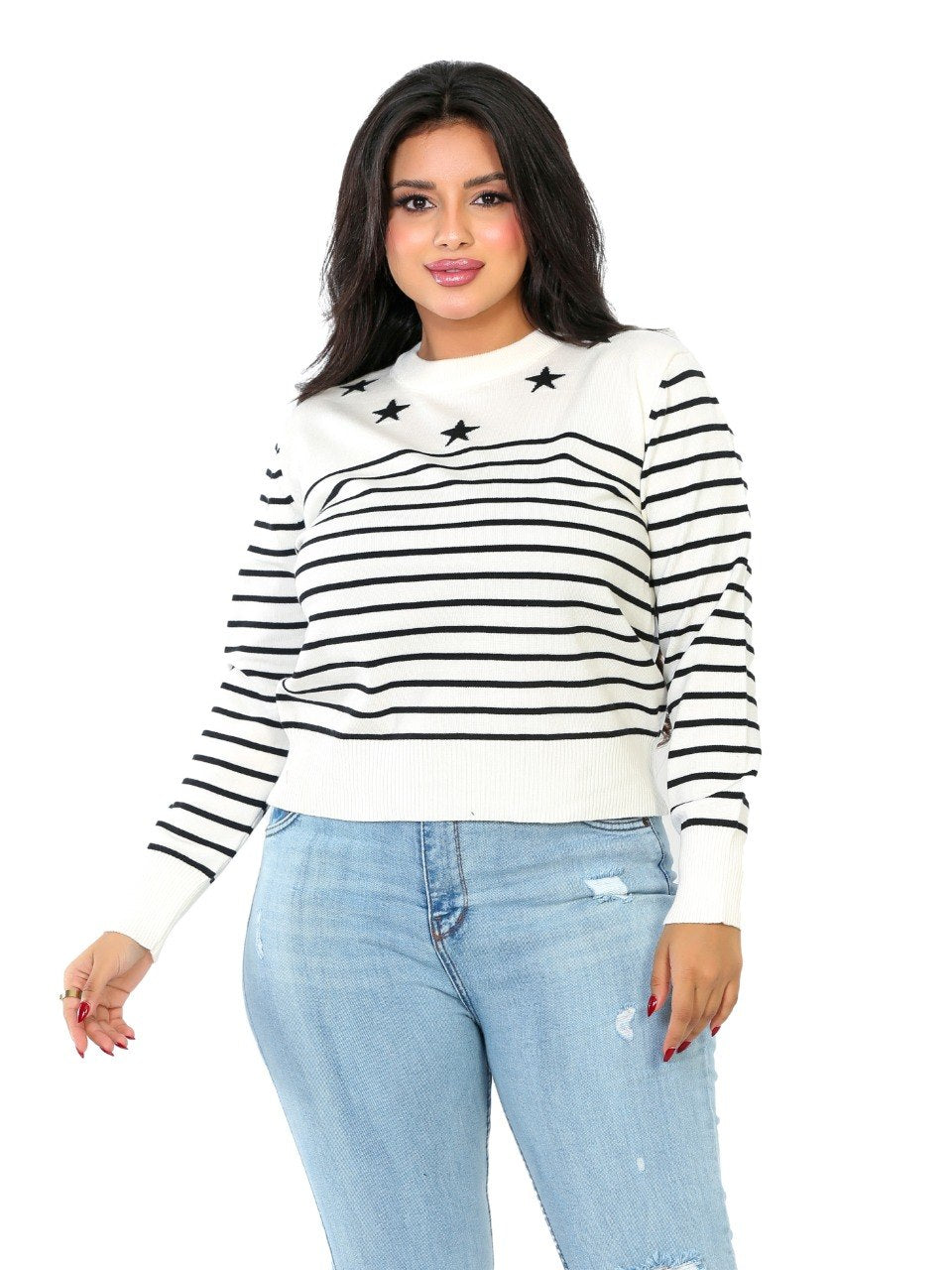 Star Detail Stripe Knit Blouse - Off White