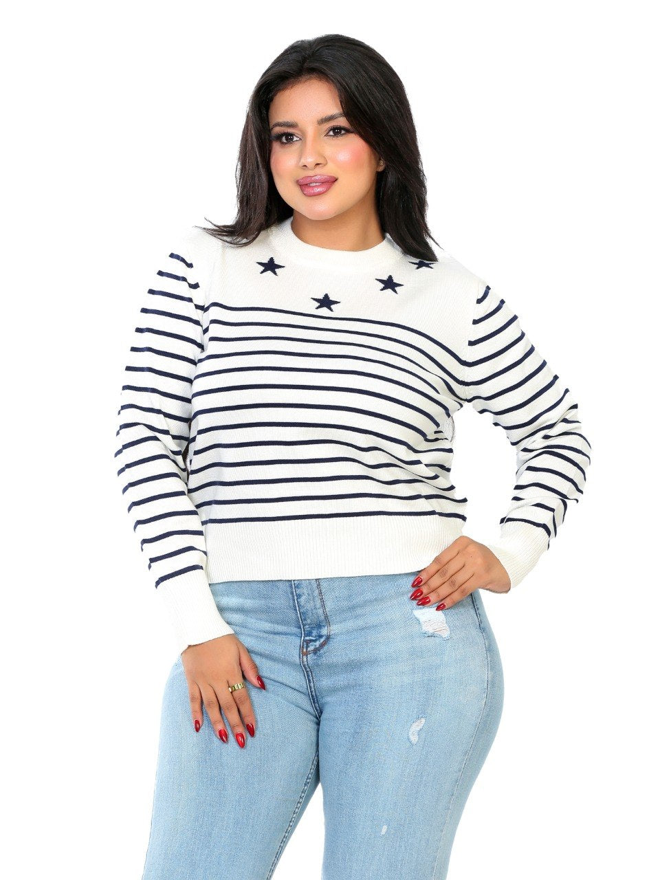 Star Detail Stripe Knit Blouse - Off White