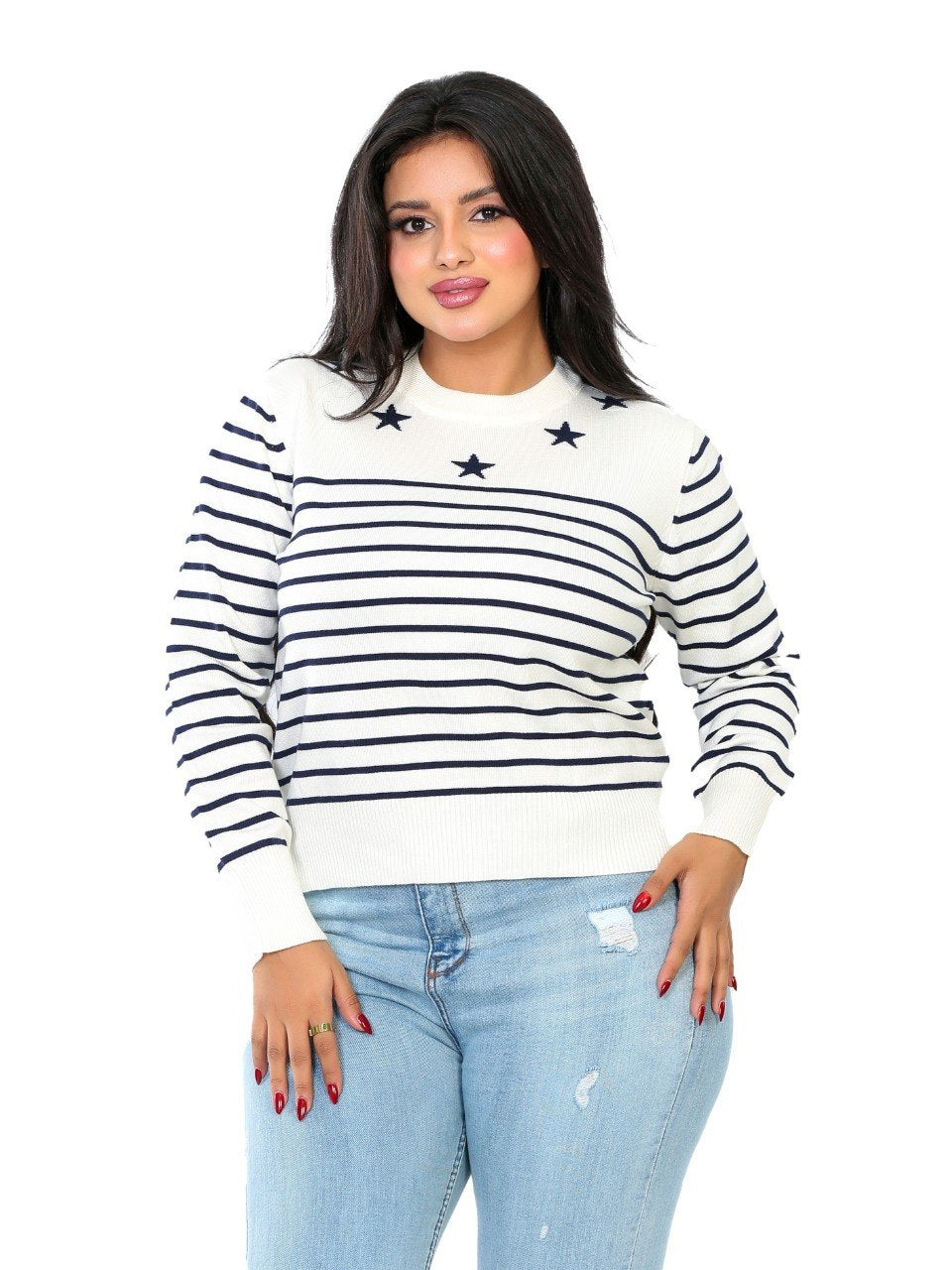 Star Detail Stripe Knit Blouse - Off White