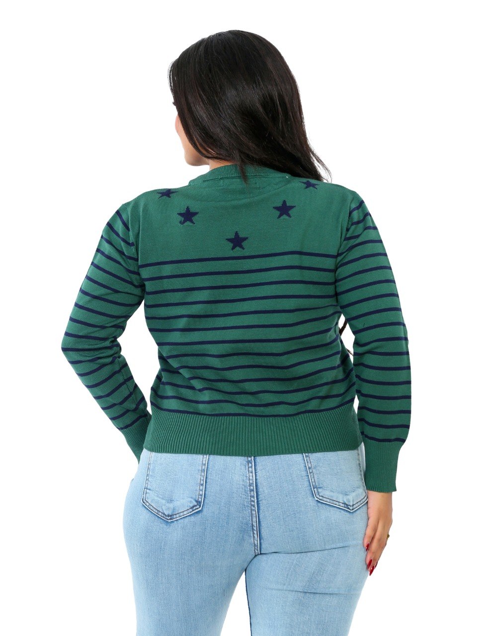 Star Detail Stripe Knit Blouse - Dark Green