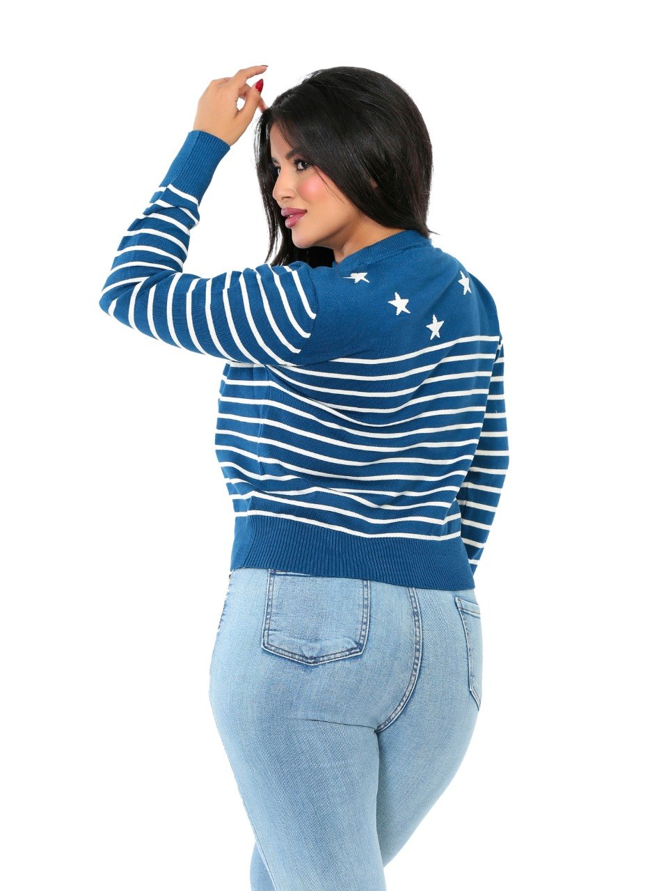 Star Detail Stripe Knit Blouse - Blue
