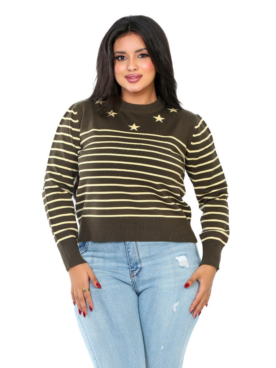 Star Detail Stripe Knit Blouse - Olive