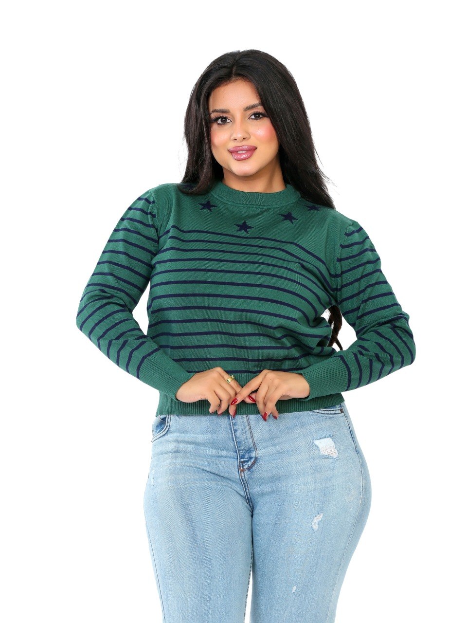 Star Detail Stripe Knit Blouse - Dark Green