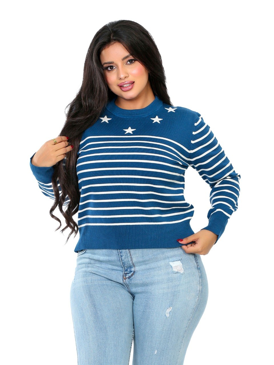 Star Detail Stripe Knit Blouse - Blue
