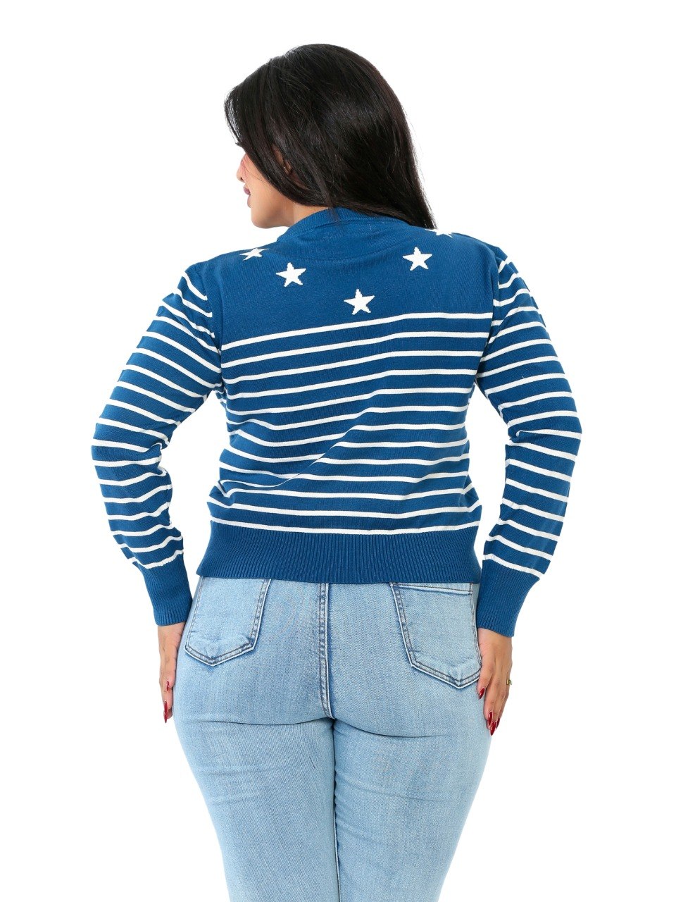 Star Detail Stripe Knit Blouse - Blue