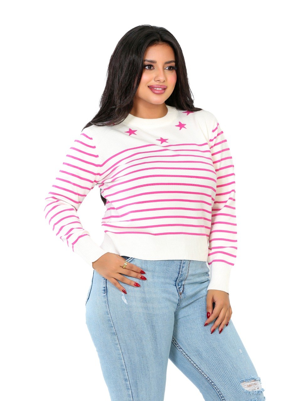 Star Detail Stripe Knit Blouse - Pink