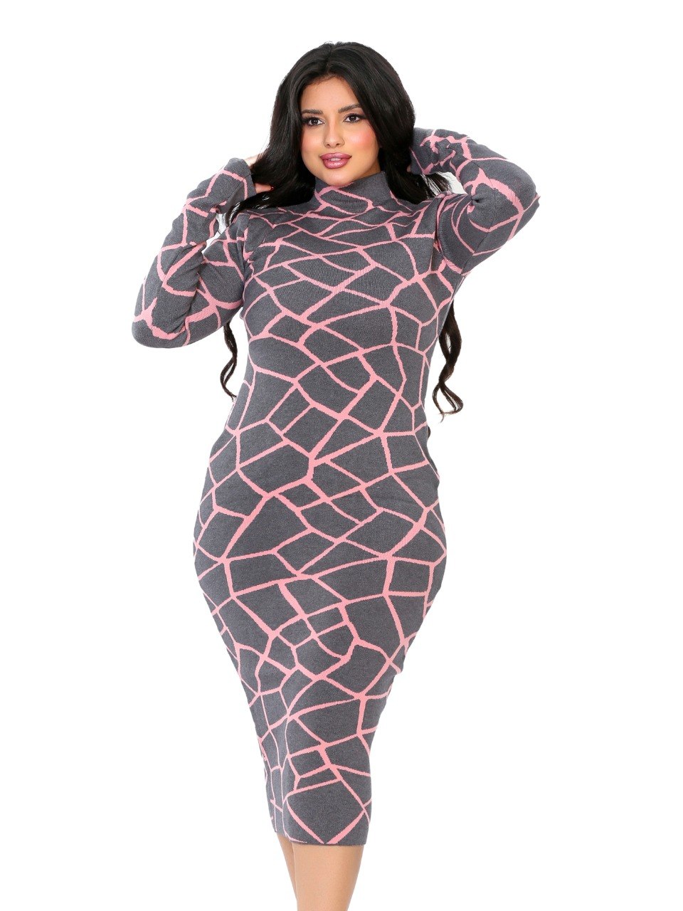 Geometric Turtleneck Midi Dress - Gray