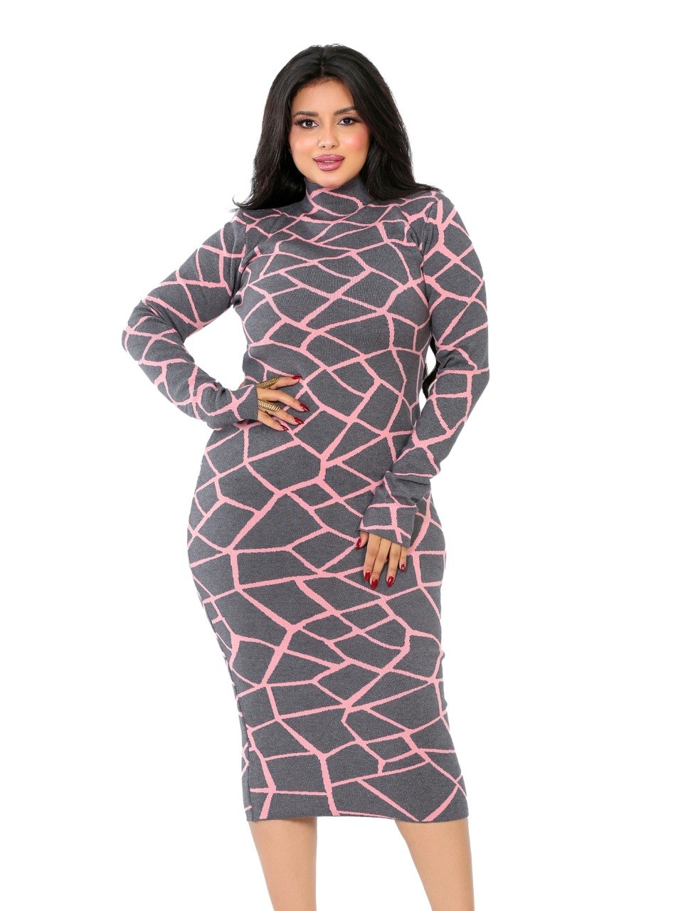 Geometric Turtleneck Midi Dress - Gray