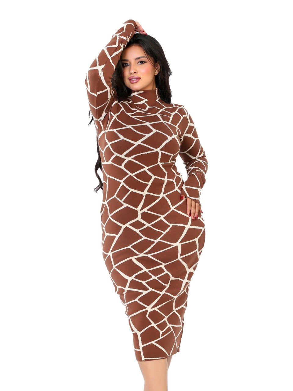 Geometric Turtleneck Midi Dress - Brown