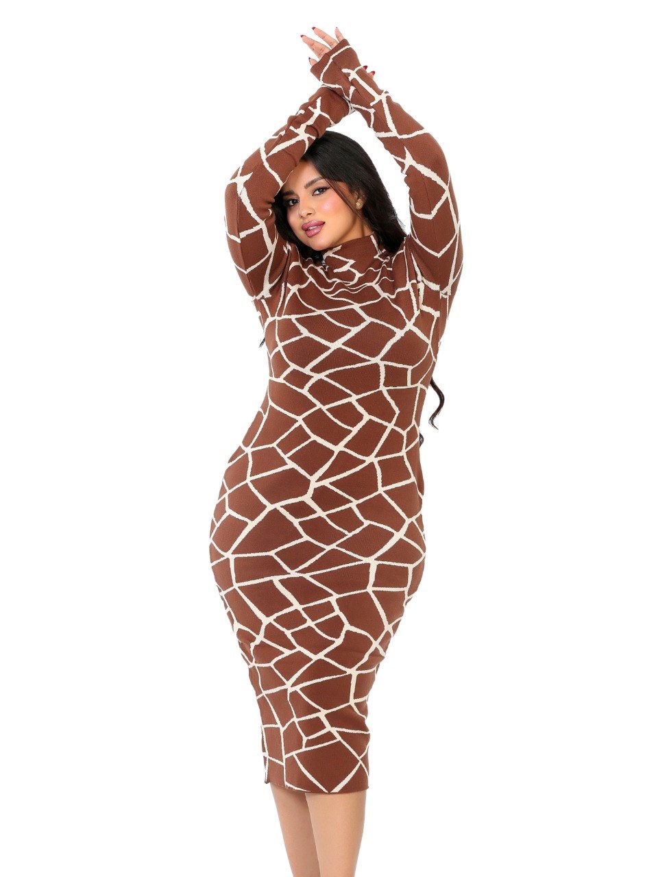 Geometric Turtleneck Midi Dress - Brown