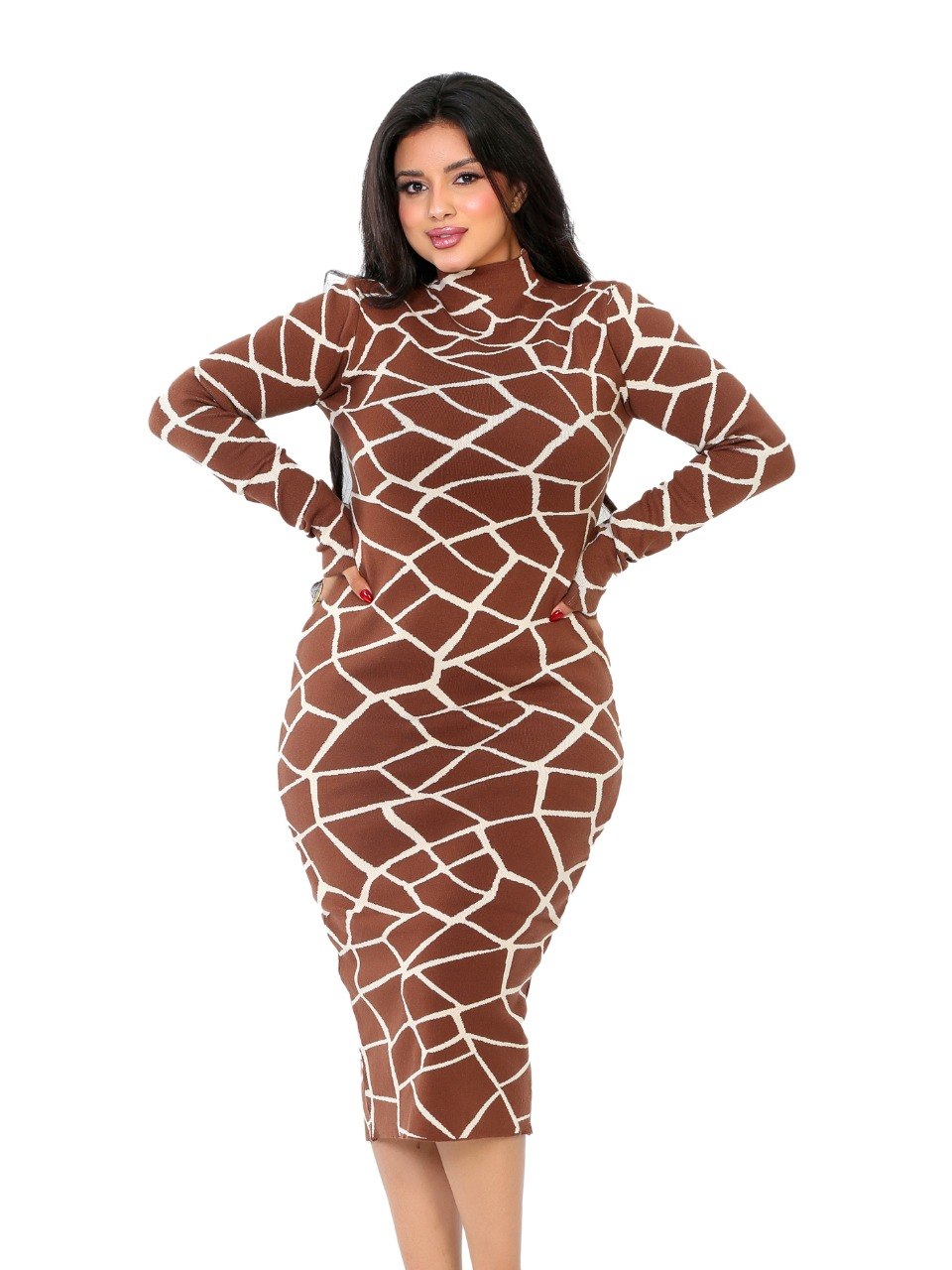 Geometric Turtleneck Midi Dress - Brown