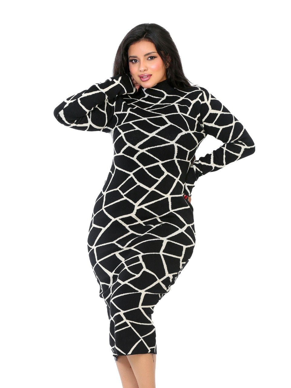 Geometric Turtleneck Midi Dress - Black