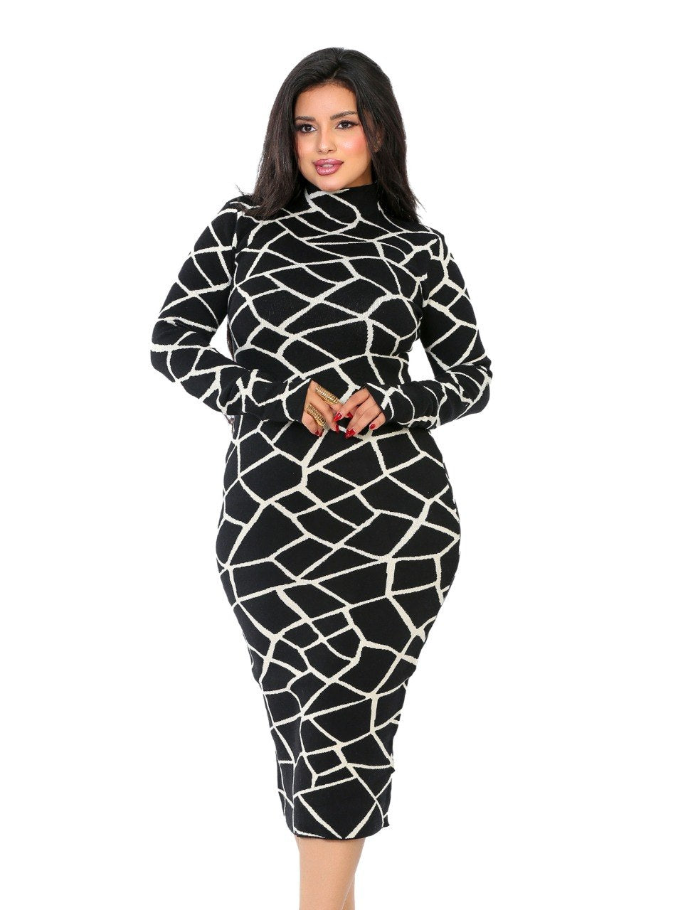 Geometric Turtleneck Midi Dress - Black