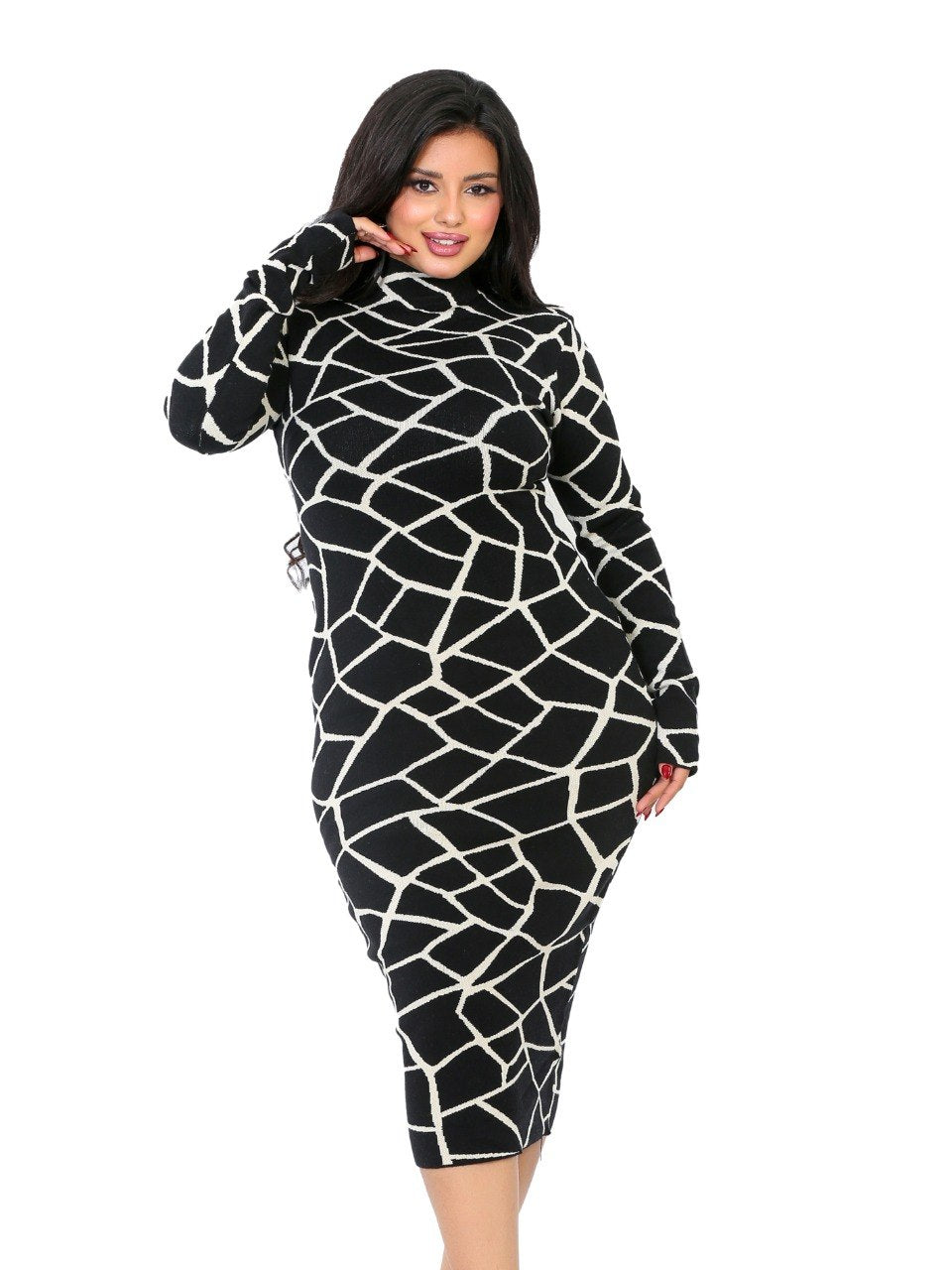 Geometric Turtleneck Midi Dress - Black