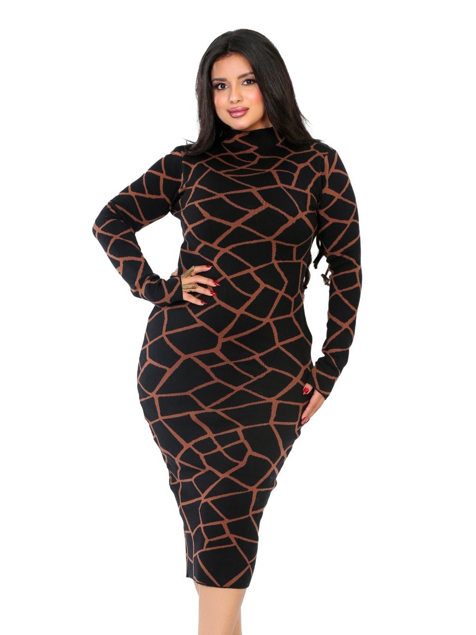 Geometric Turtleneck Midi Dress - Coffee