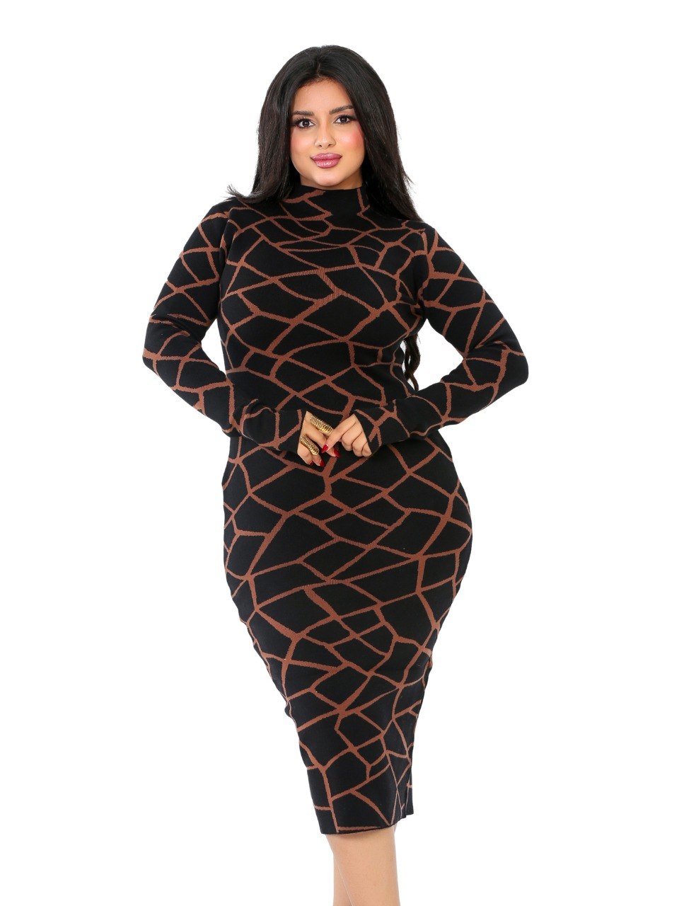 Geometric Turtleneck Midi Dress - Coffee