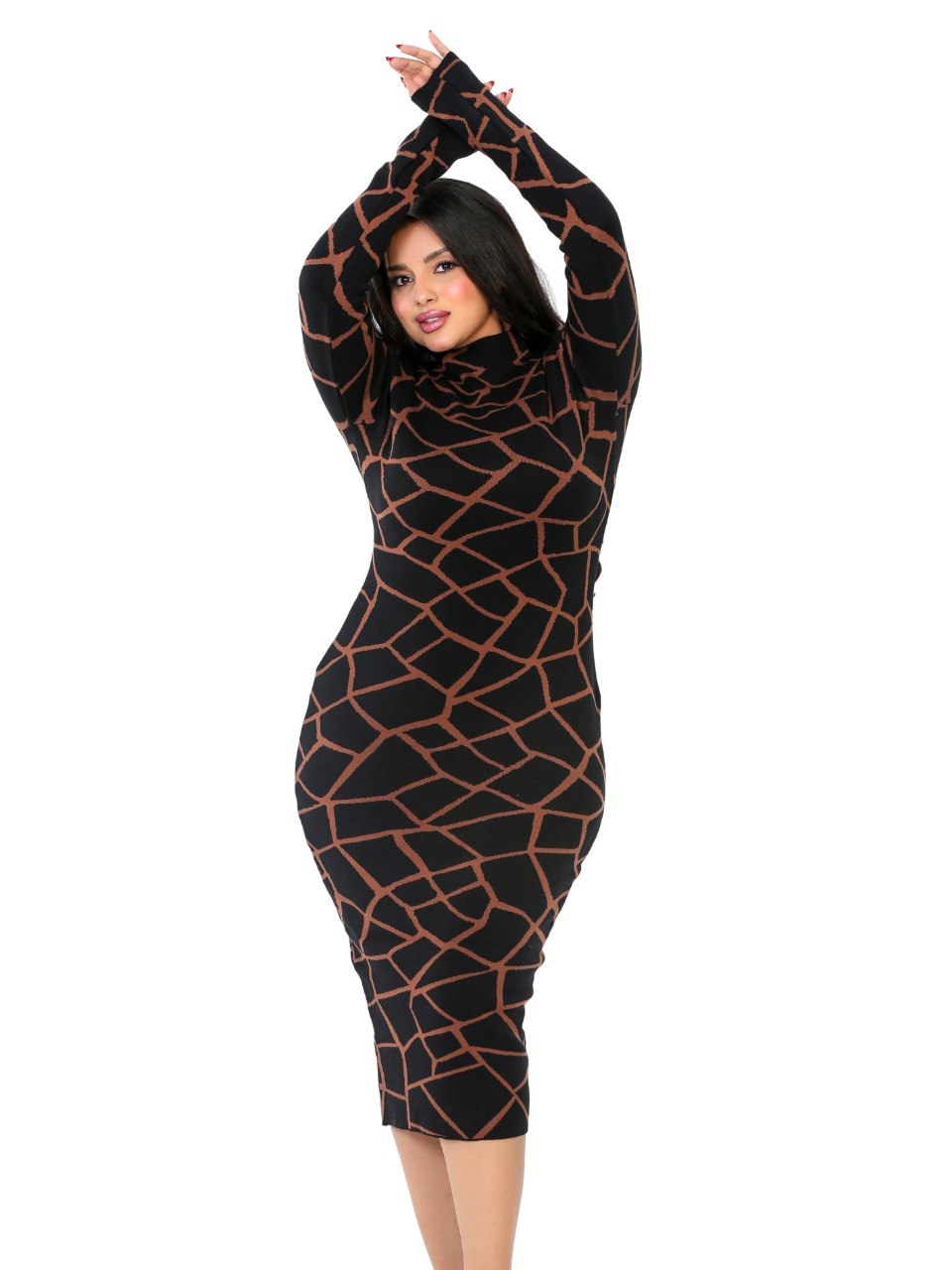 Geometric Turtleneck Midi Dress - Coffee