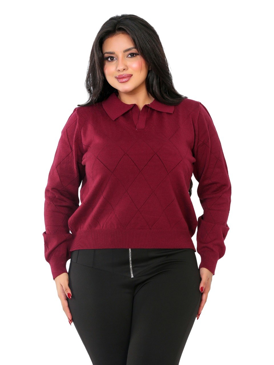 Pointelle Diamond Polo Blouse - Burgundy