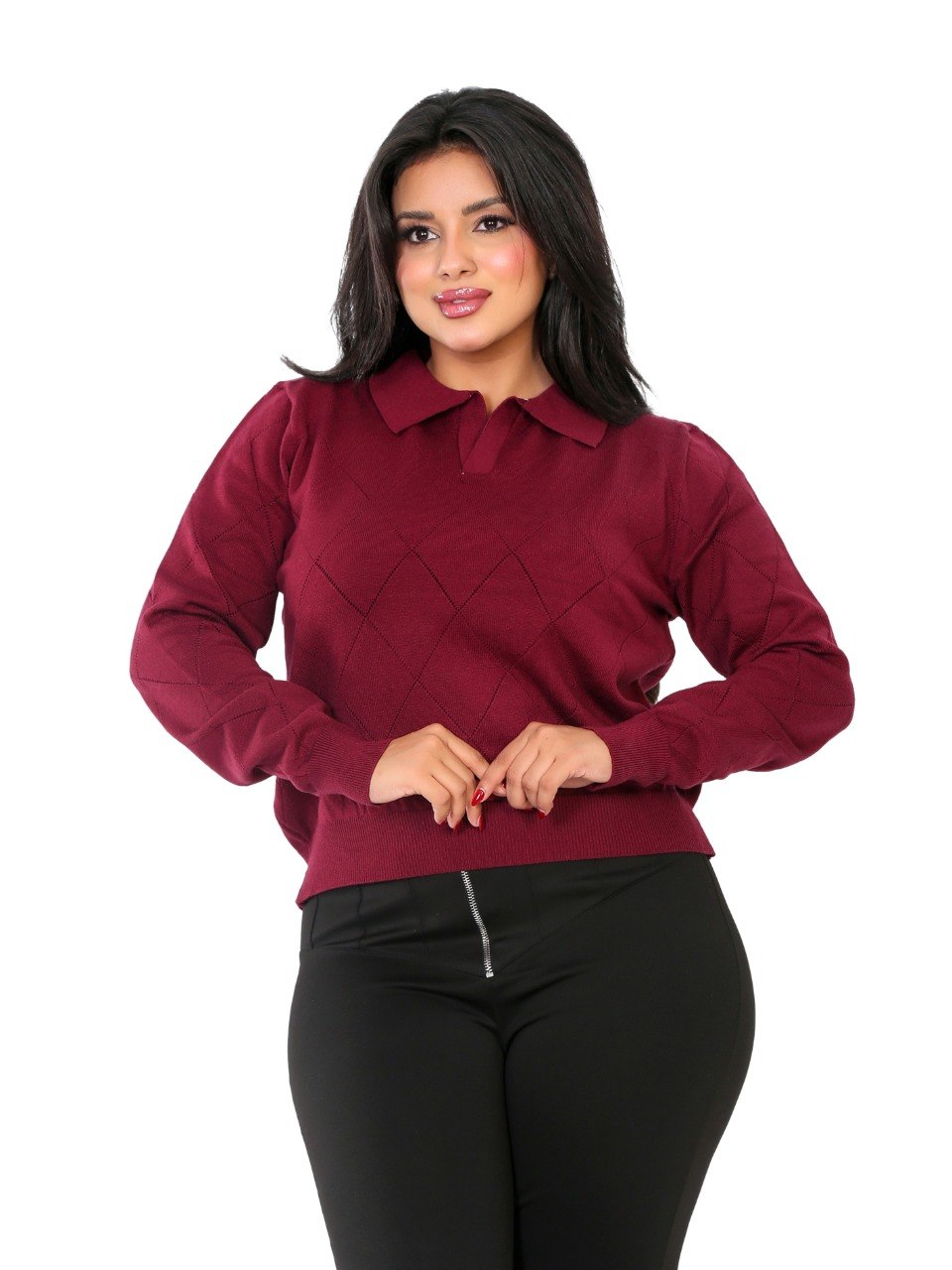 Pointelle Diamond Polo Blouse - Burgundy