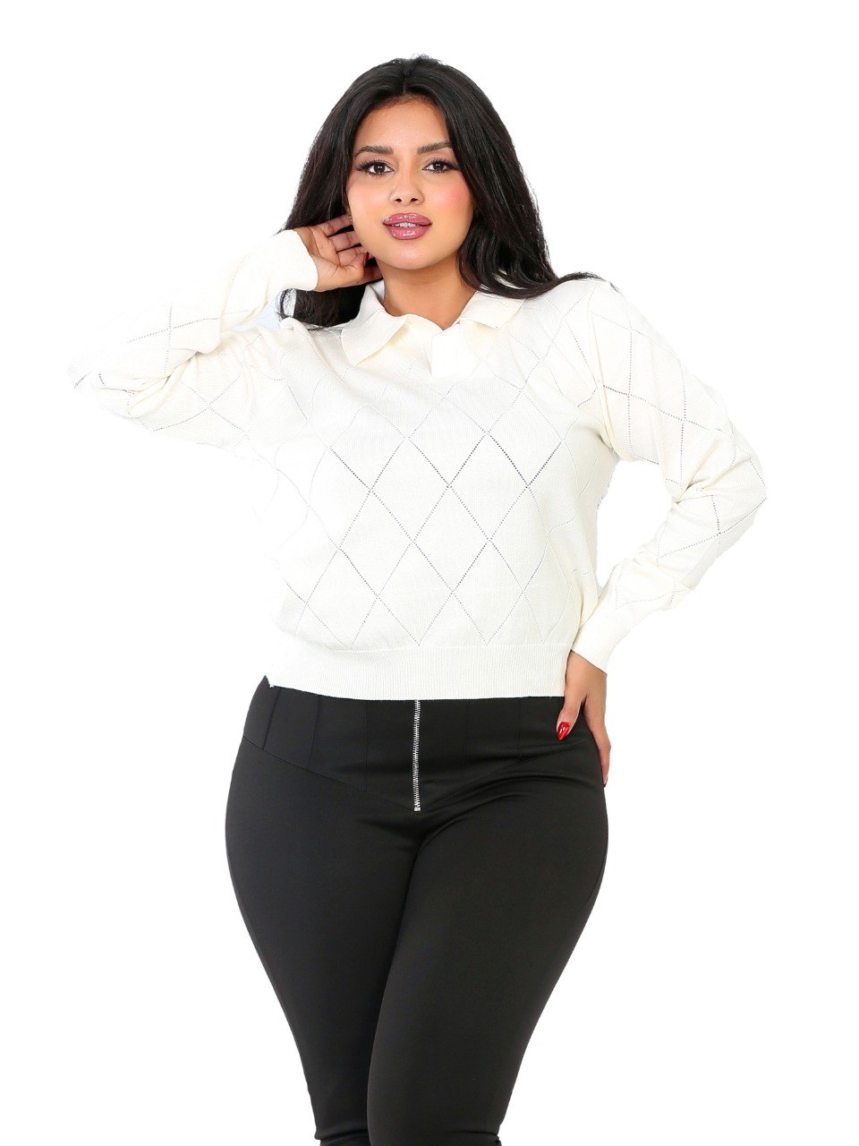 Pointelle Diamond Polo Blouse - Off White