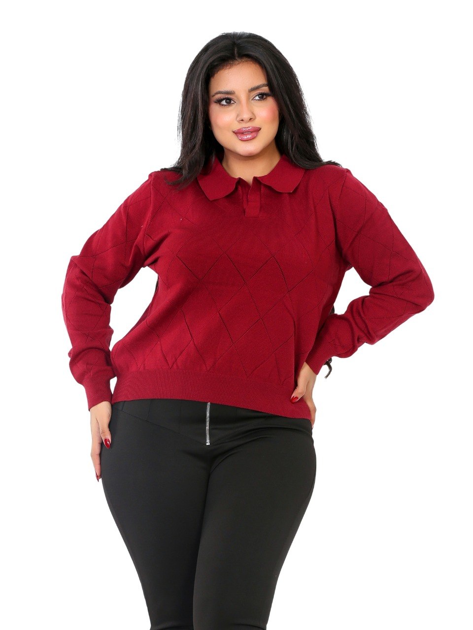 Pointelle Diamond Polo Blouse - Burgundy
