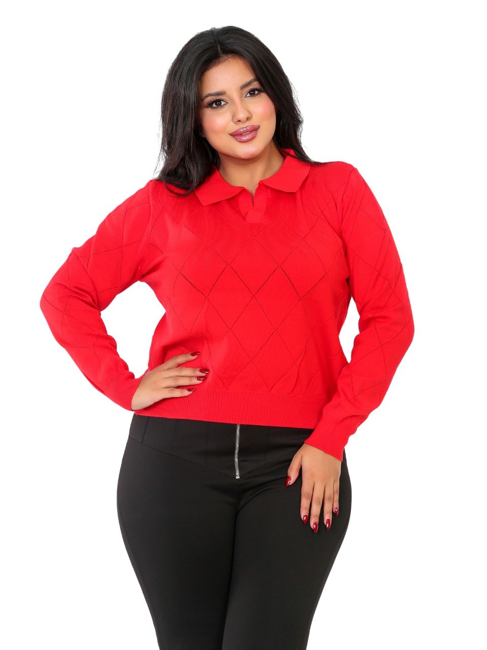 Pointelle Diamond Polo Blouse - Red