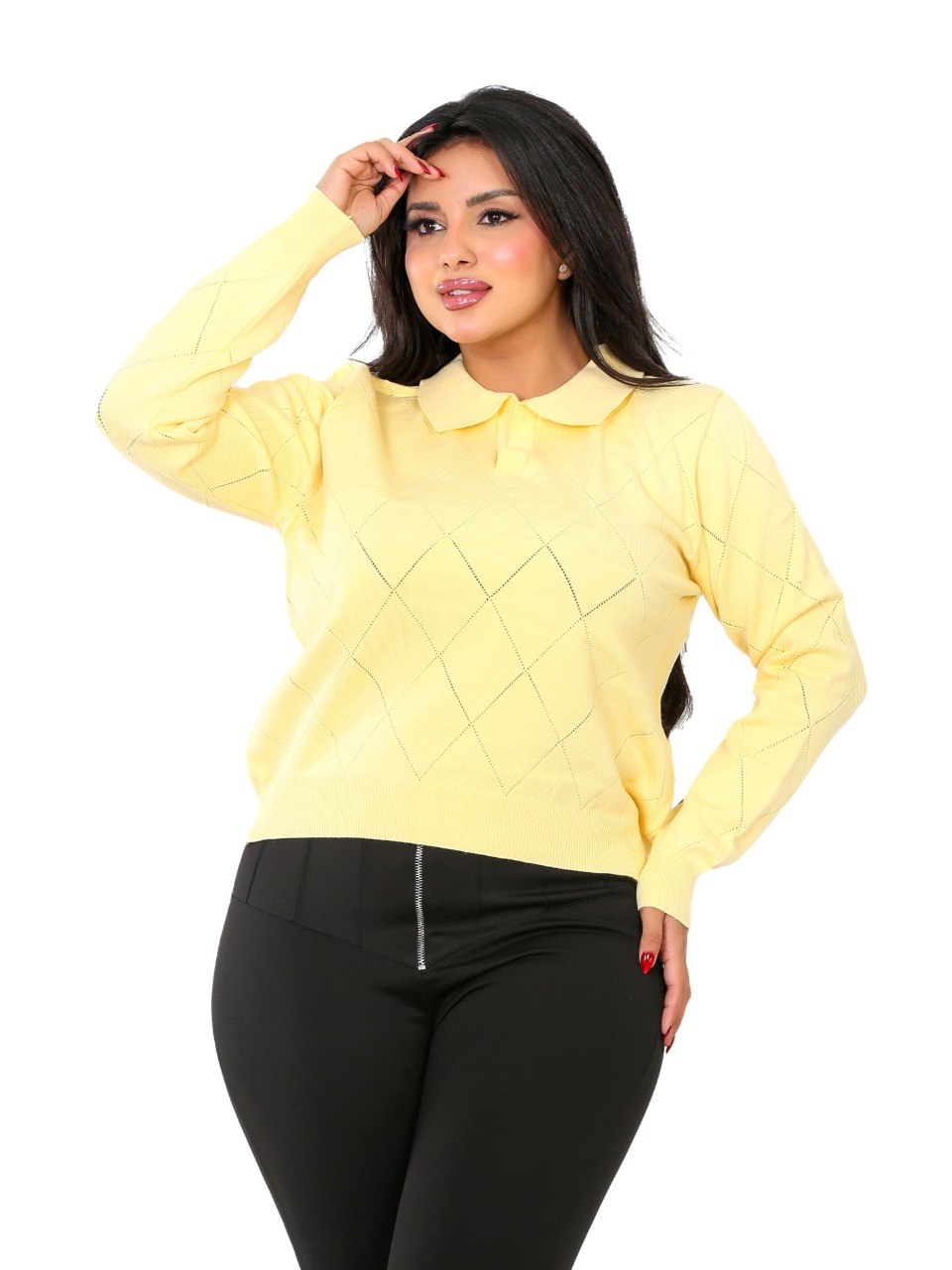 Pointelle Diamond Polo Blouse - Yellow