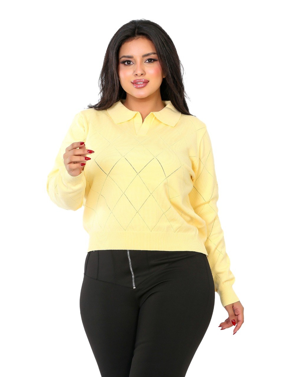 Pointelle Diamond Polo Blouse - Yellow