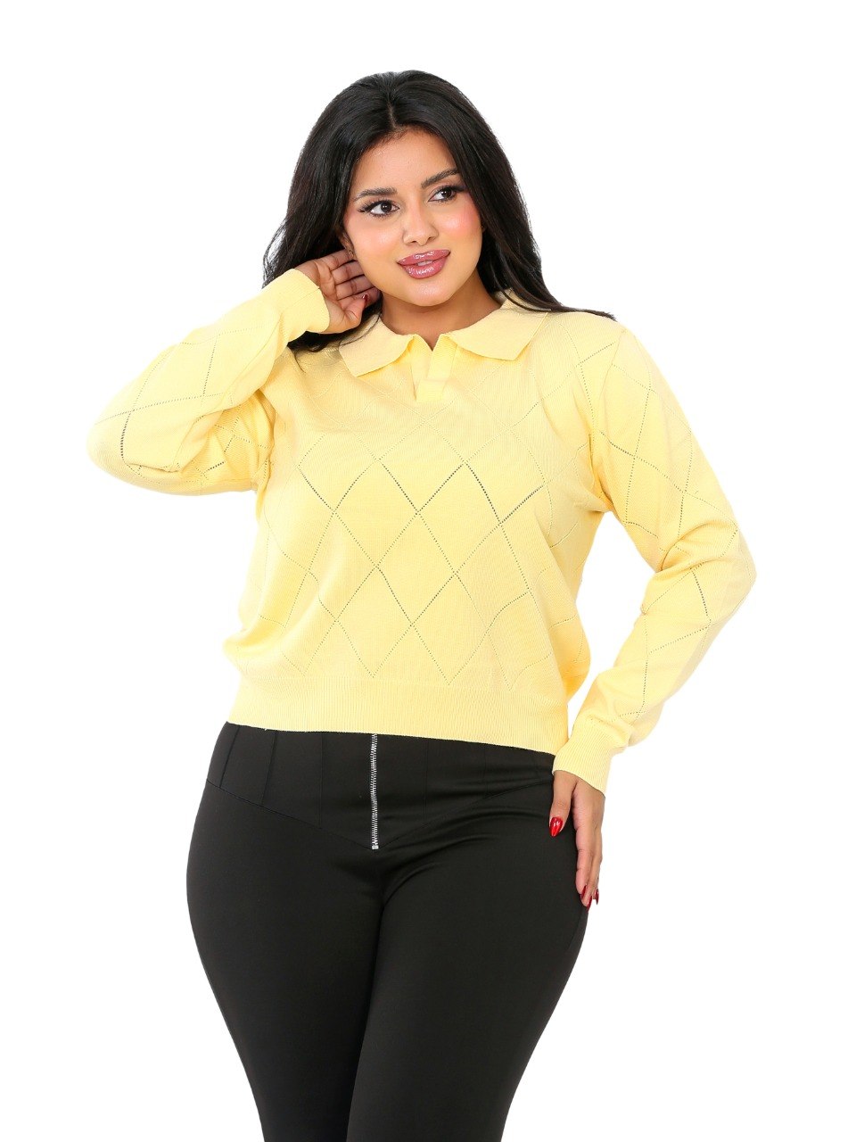 Pointelle Diamond Polo Blouse - Yellow