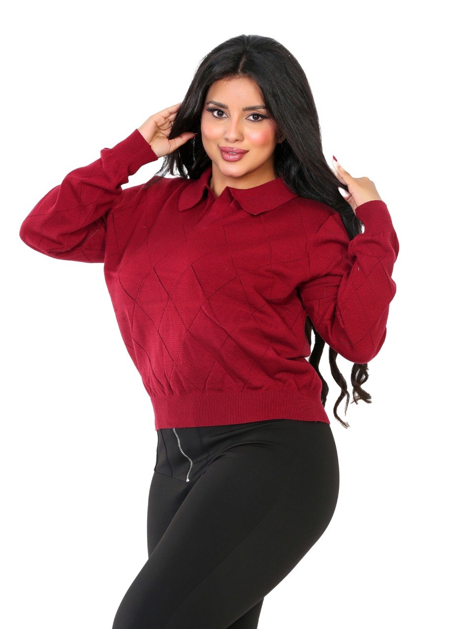 Pointelle Diamond Polo Blouse - Burgundy