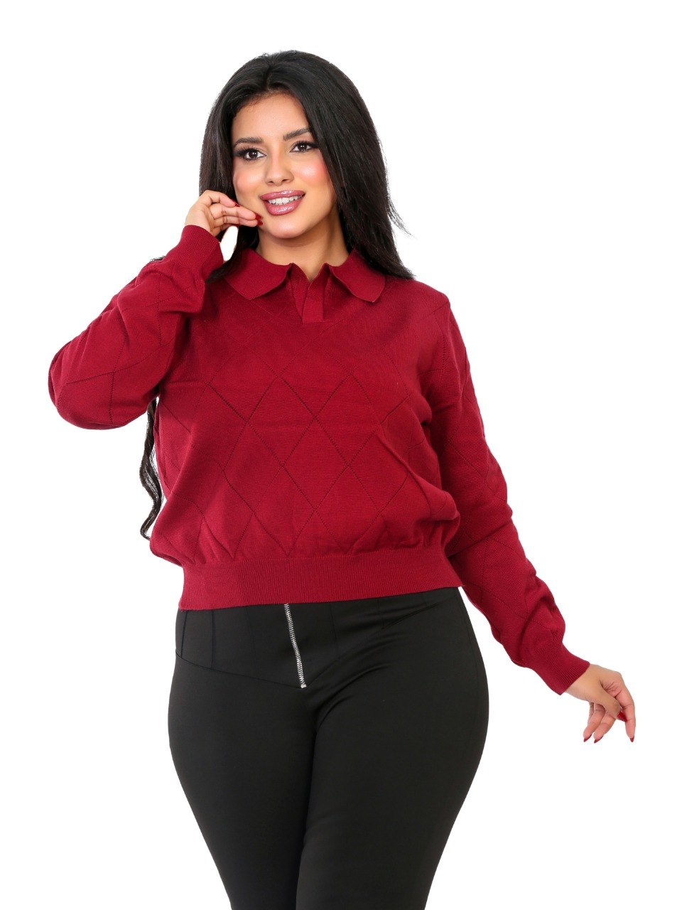 Pointelle Diamond Polo Blouse - Burgundy