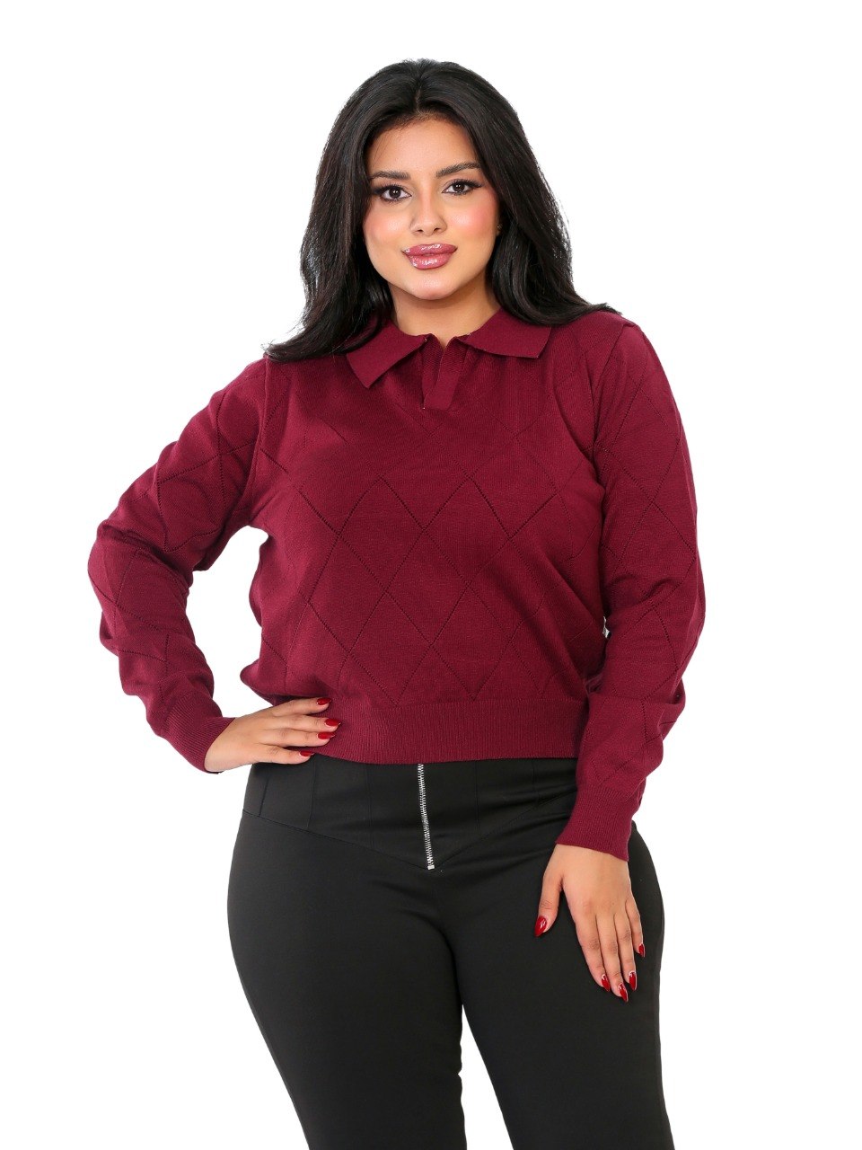 Pointelle Diamond Polo Blouse - Burgundy
