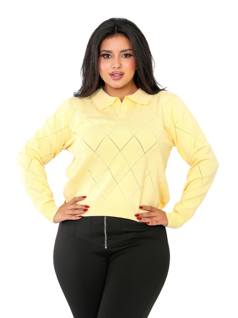 Pointelle Diamond Polo Blouse - Yellow