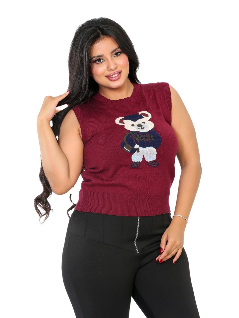 Teddy Bear Sleeveless Knit Blouse - Burgundy