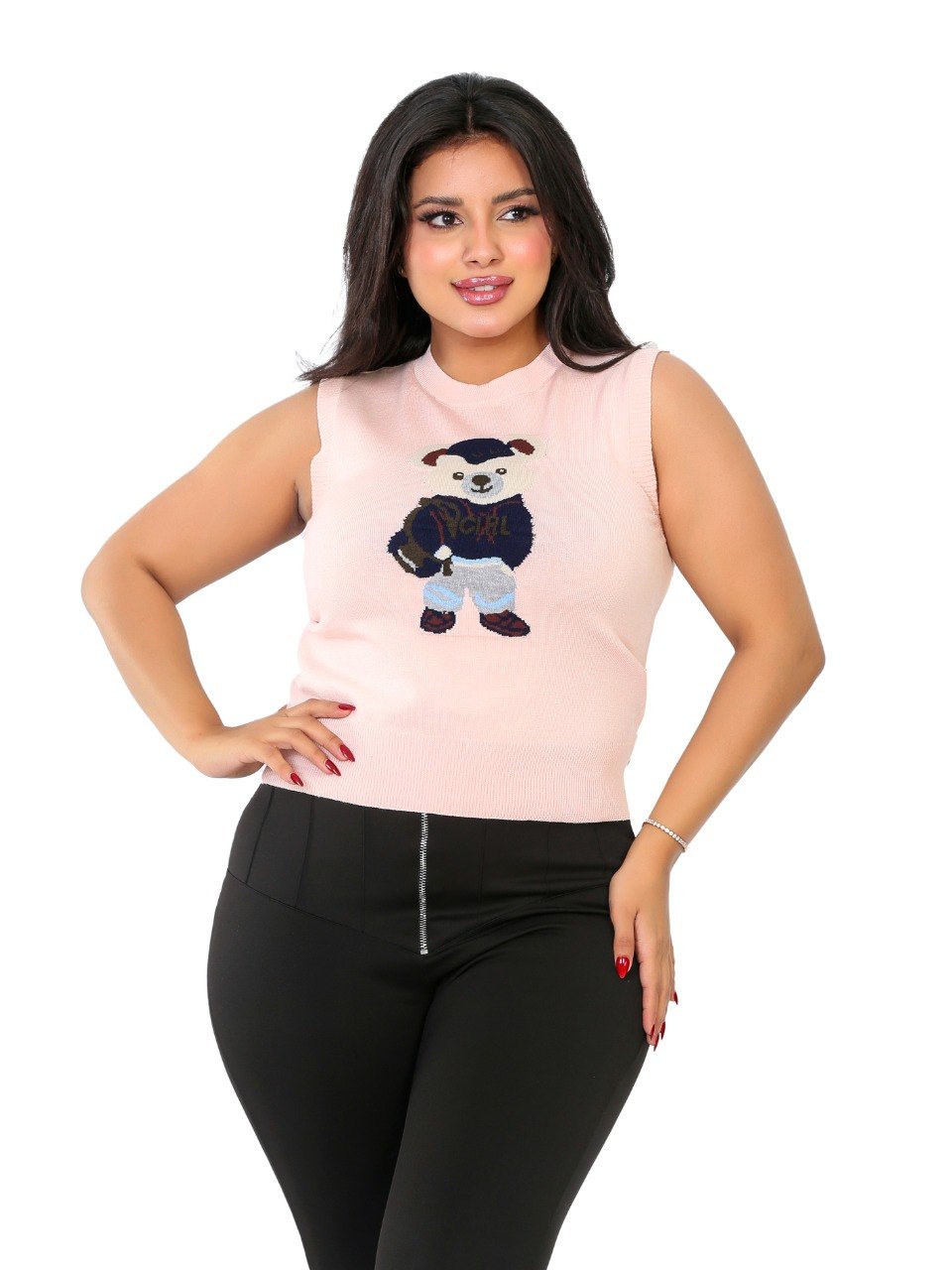 Teddy Bear Sleeveless Knit Blouse - Pink