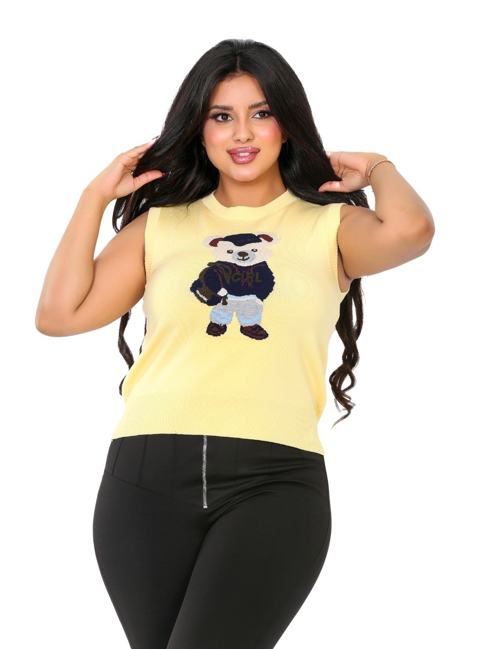 Teddy Bear Sleeveless Knit Blouse - Yellow