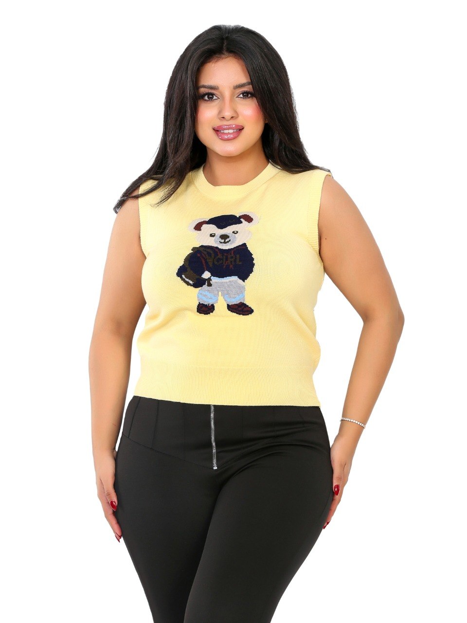 Teddy Bear Sleeveless Knit Blouse - Yellow