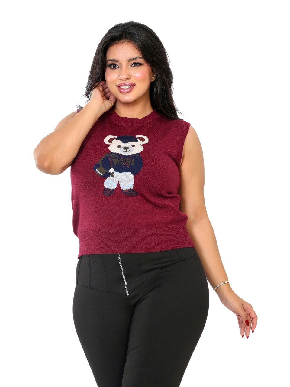 Teddy Bear Sleeveless Knit Blouse - Burgundy
