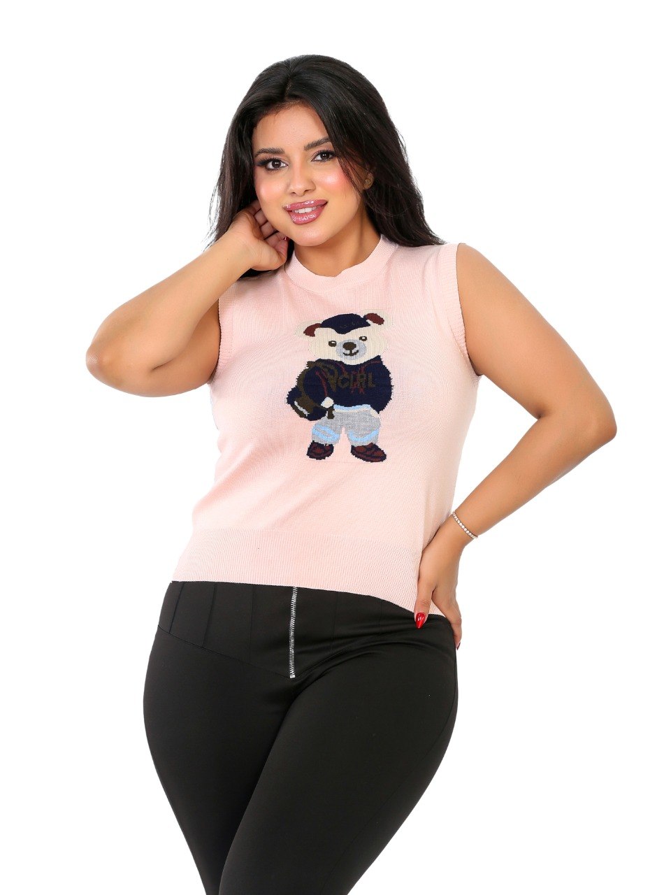 Teddy Bear Sleeveless Knit Blouse - Pink