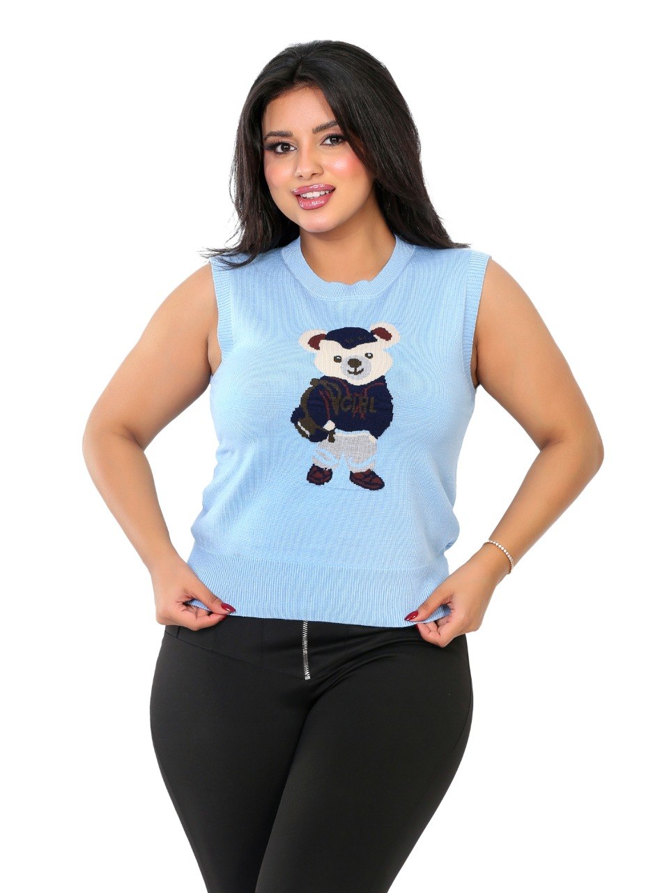 Teddy Bear Sleeveless Knit Blouse - Baby Blue