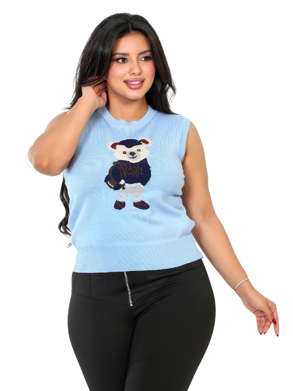 Teddy Bear Sleeveless Knit Blouse - Baby Blue
