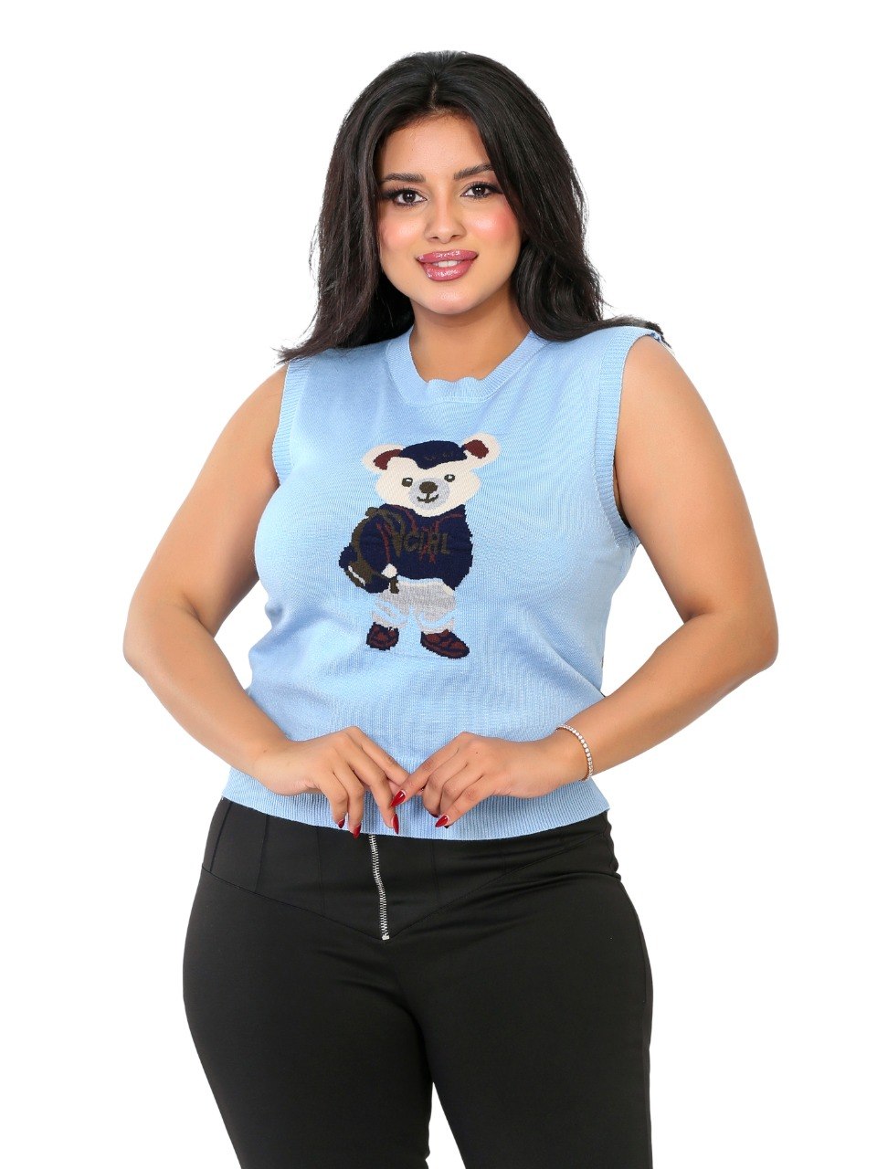 Teddy Bear Sleeveless Knit Blouse - Baby Blue
